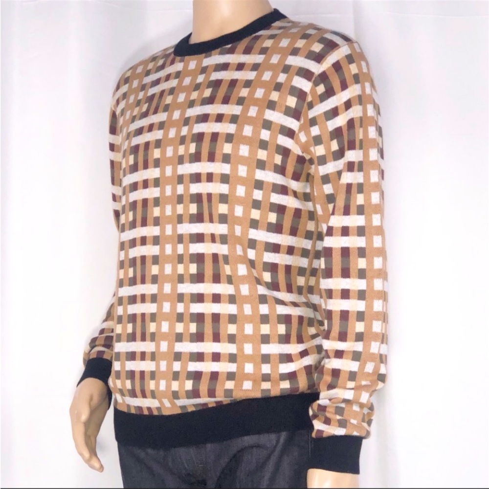 Loft 604 Tan Brown Green Plaid CrewNeck Sweater SzM Black Trim Neck Hems & Cuffs
